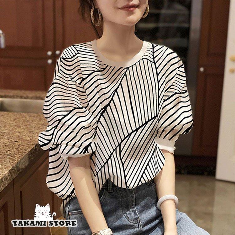 Tシャツ トップス レディース ファッション パフスリーブ きれいめ 40代 幾何柄 半袖トップス 白インナー オシャレ ブラウス 大きいサイズ 着痩せ 韓国風