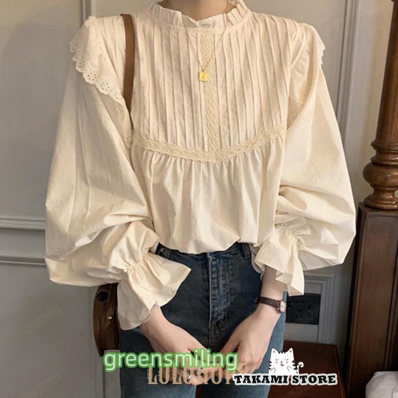 シャツ ブラウス レディース バックシャン バックフリル 袖フリル フリルハイネック タートルネック バックボタン ミディアム丈 薄手 可愛い