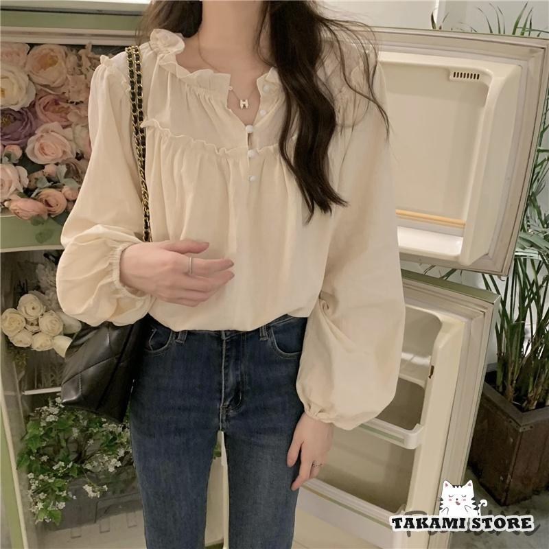 シャツ ブラウス レディース 40代 50代 春 夏 春夏 オフィス おしゃれ 無地 Vネック 長袖 パフスリーブ トップス