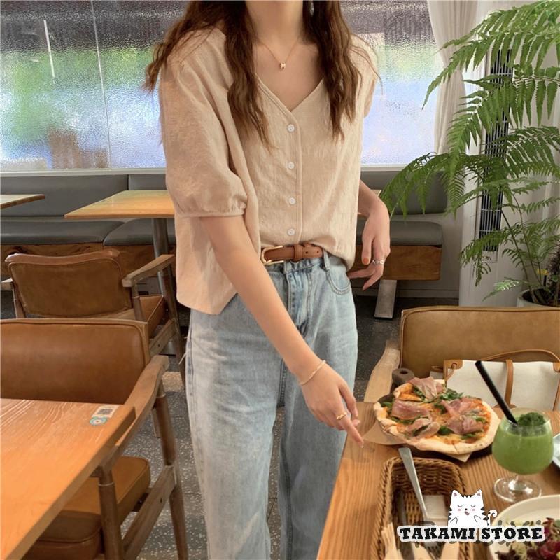 シャツ ブラウス レディース 春 夏 春夏 綿 オフィス おしゃれ 無地 Vネック 半袖 パフスリーブ トップス
