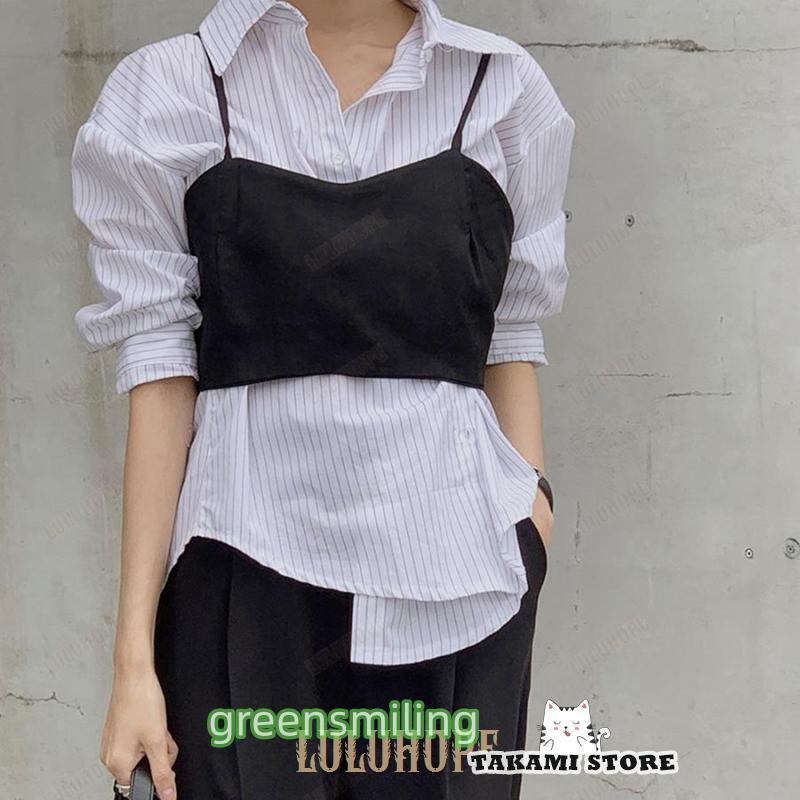 シャツ ビスチェ レディース 2点セット 春秋 長袖 ストライプ ブラウス トップス おしゃれ かわいい 韓..