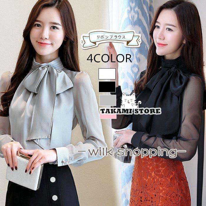 リボンブラウス ブラウス レディース シャツ 韓国 長袖 トップス 春 秋 フォーマル スーツ インナー オ..