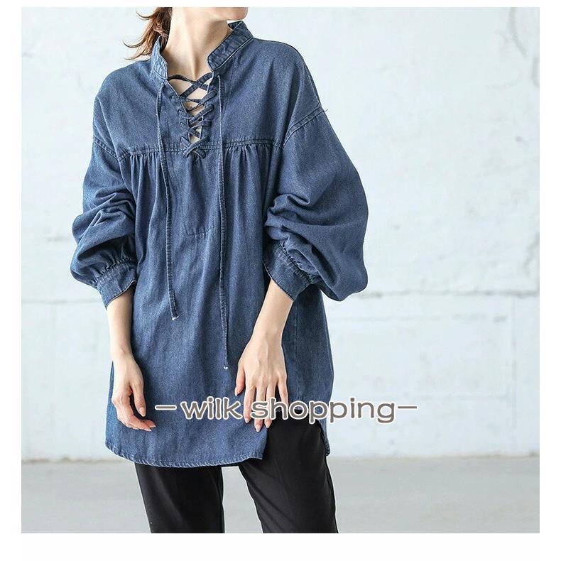 デニムブラウス 長袖 秋物 レディース ブラウス ロング丈 チュニック プルオーバー デニム リボン付き パフスリーブ 不規則 ゆったり 体型カバー 春秋 フレア(4)
