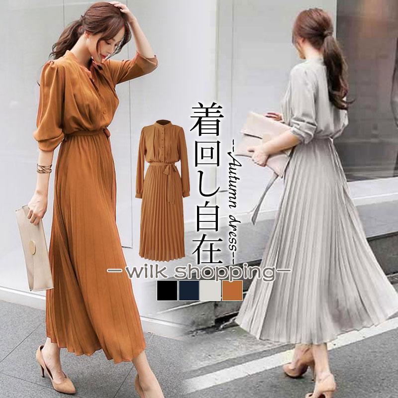 ワンピース レディース 秋 ロング丈 シフォン マキシワンピース チュニック ドレス 長袖 ゆったり 無地..