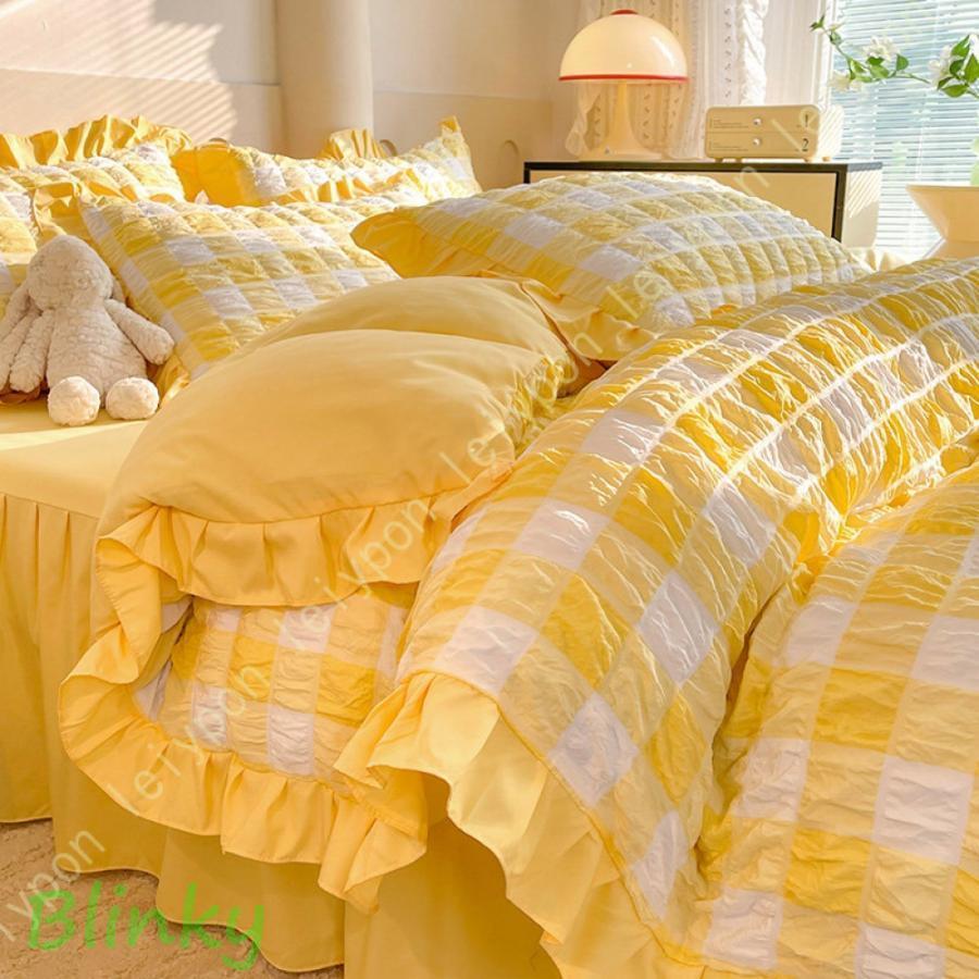 ダブル 4点セット 布団カバー 3点セット シングル チェック柄 フリル かわいい 可愛い 子供 大人 ベッ..