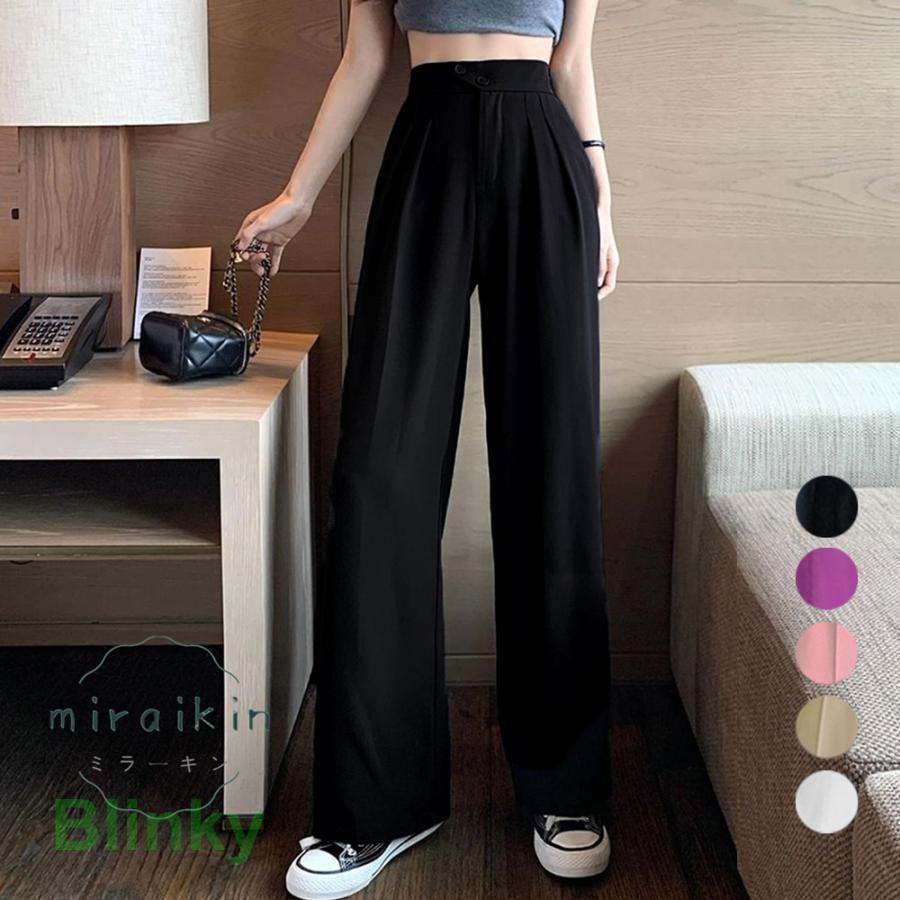ドレープストレートパンツ レディース美脚 低身長向け セミワイドパンツ タック入り ウエストゴムイージーパンツ スリム体型 ハイウエストボトムス カジュアル