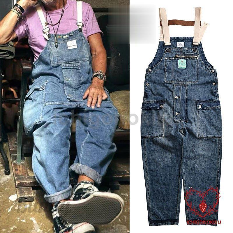デニム サロペット オーバーオール メンズ カラーブロック ジーンズ 厚手 パンツ 作業服 マルチポケッ..