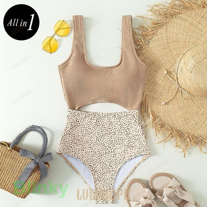 水着 レディース モノキニ ワンピース オールインワン 異素材 おしゃれ かわいい ダルメシアン へそ出し 上下別柄 ノンワイヤー