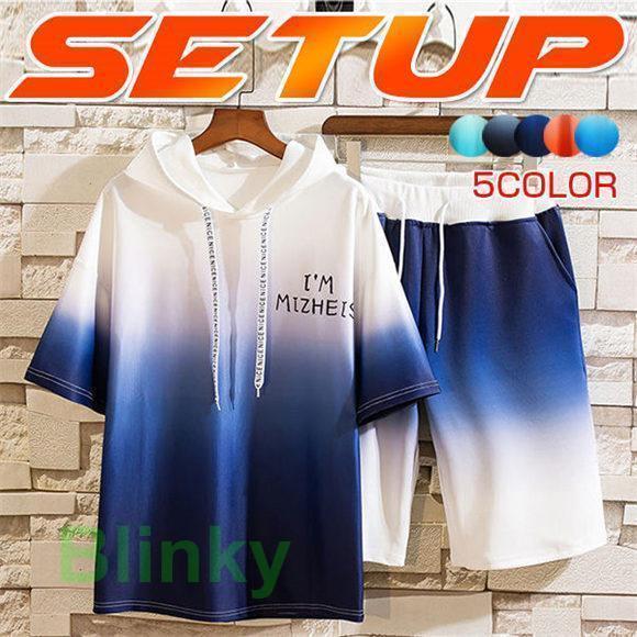 ジャージ セットアップ メンズ 夏服 半袖 Tシャツ ハーフパンツ 上下セット 2点セット 切り替え カジュ..