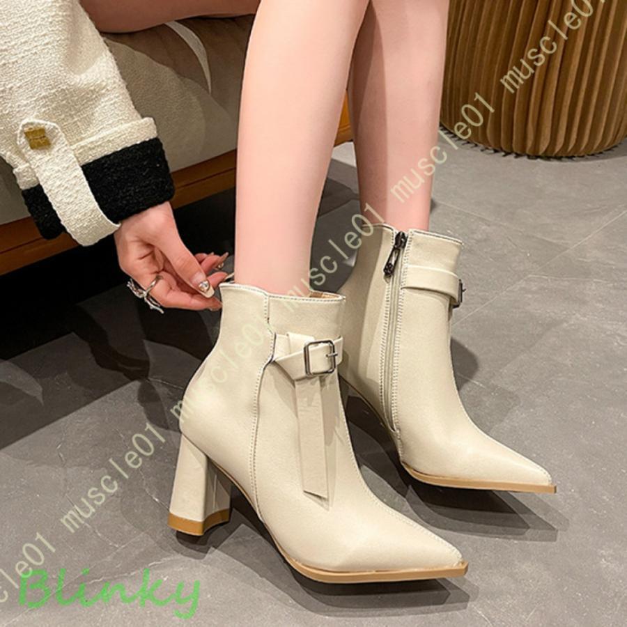 レディース アンクルブーツ バックル飾り ブーティ ショート ブーツ ハイヒール ポインテッドトゥ ブー..