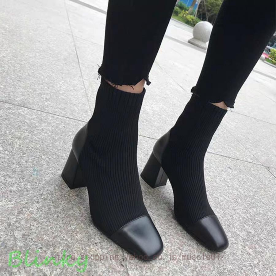 レディース 太ヒール ブーツ ショートブーツ 歩きやすい シンプル ブーティ チャンキーヒール スクエア..