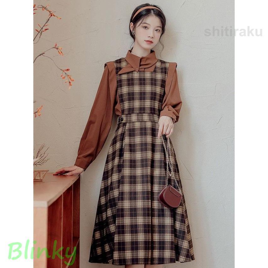 セットアップ レディース コーデセット ジャンパースカート チェック ワンピース ロング ミモレ丈 2点セット シャツ ブラウス 長袖 スタンド