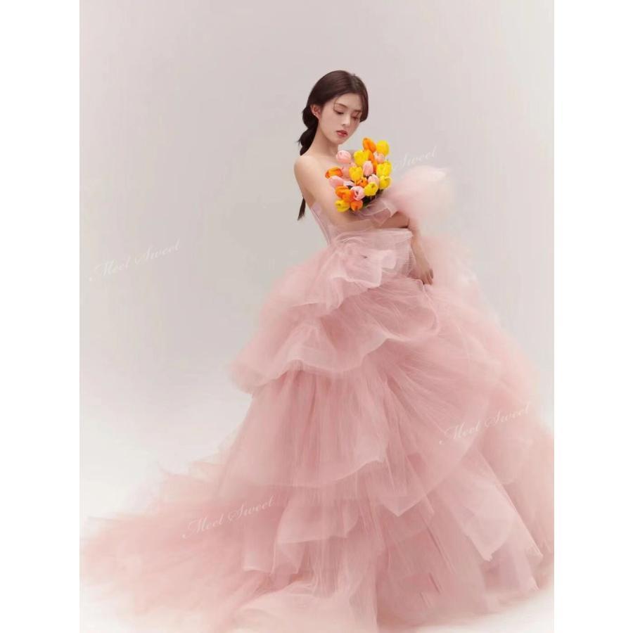 カラードレス プリンセス ピンク ライトブルー ベアトップ ウェディングドレス チュール フリル ウエデ..