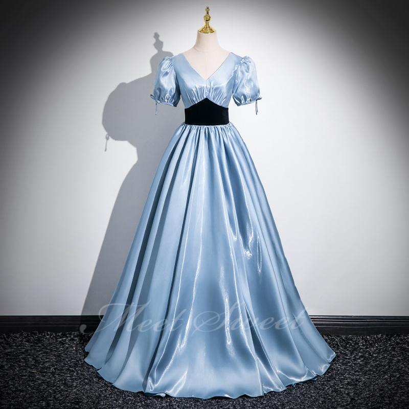 カラードレス ライトブルー Vネック 半袖 演奏会 発表会 二次会 花嫁 ウエディングドレス ウェディング..