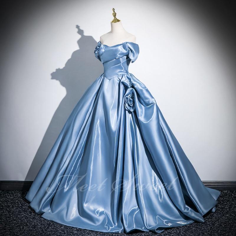 カラードレス 光沢 サテン ライトブルー オフショルダー 演奏会 発表会 二次会 花嫁 ウエディングドレ..
