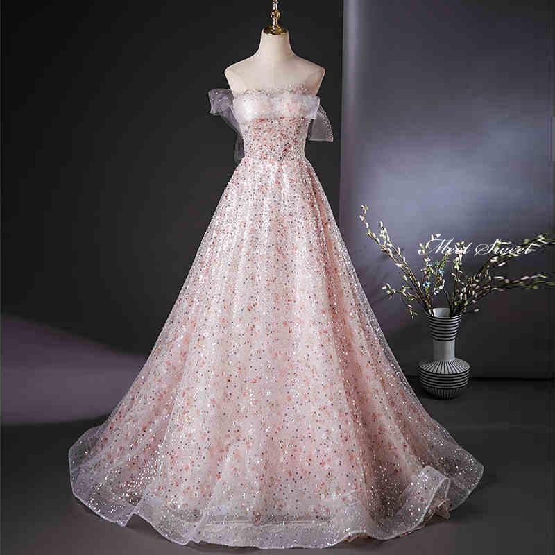 カラードレス ライトピンク スパンコール ベアトップ ピアノ ウェディングドレス 二次会 演奏会 発表会..