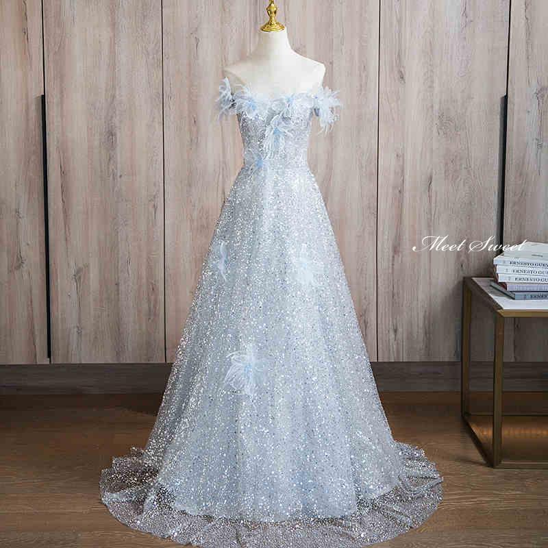 カラードレス ウェディングドレス ライトブルー スパンコール オフショルダー ロングドレス 結婚式 二..