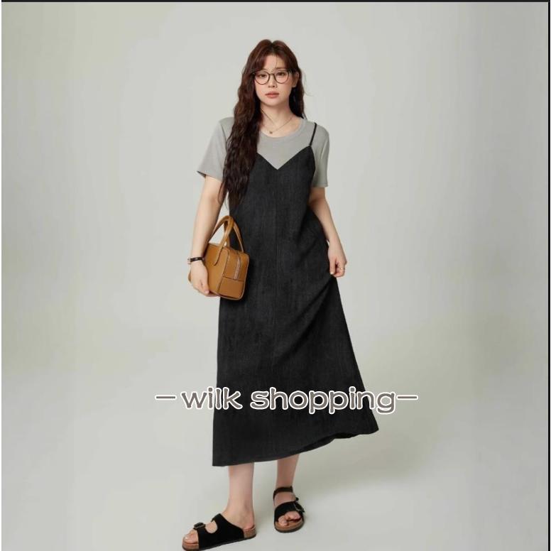 ワンピース 半袖 レイヤード風 バイカラー ドッキング 切り替え 丸首 カジュアル 大人 フェイク2点ワンピース リゾートワンピース 可愛い 重ね着風ワンピース ロ(4)