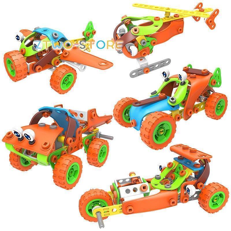 136ピース 組み立て 車 立体パズル 知育玩具 はたらく車 オモチャ ヘリコプター ブロック DIYカー変形 ..