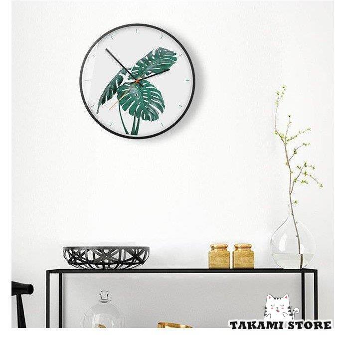 壁掛け時計　北欧　ガラス　6カラー　葉模様　葉柄　ウォールクロック　静音　シンプル　モダン　個性的　壁掛　リビングルーム　玄関　自然　ナチュラル