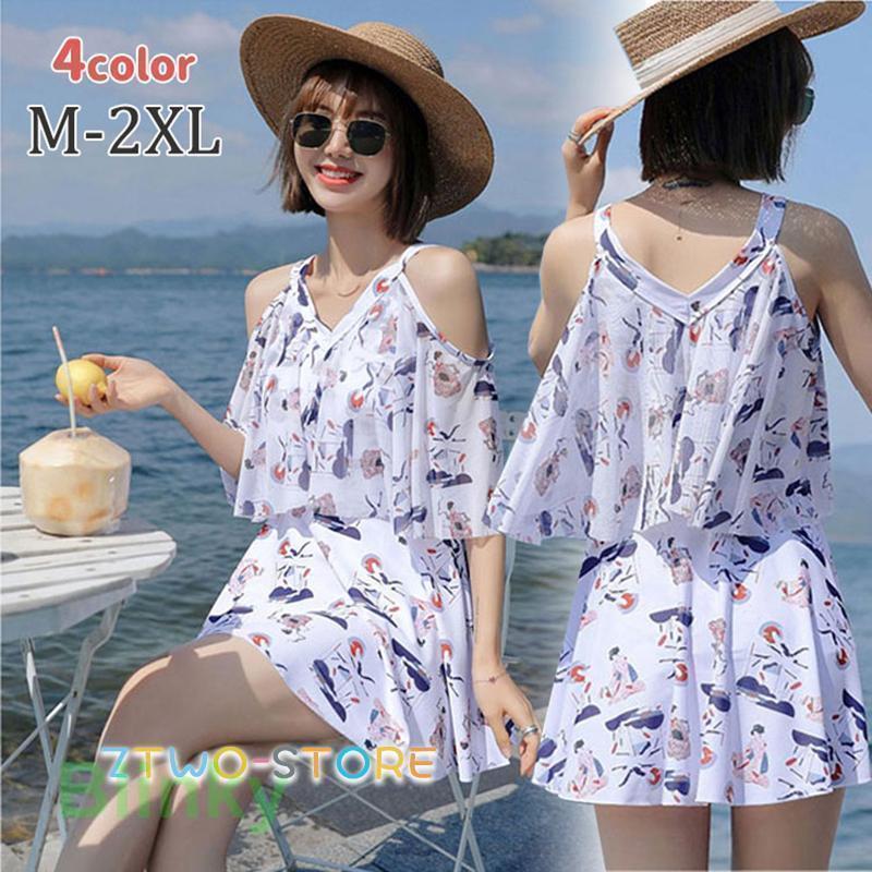 花柄レディース 水着 ワンピース 体型カバー 女の子 2点セット ワンピース＋パンツ 海 プール スイミン..