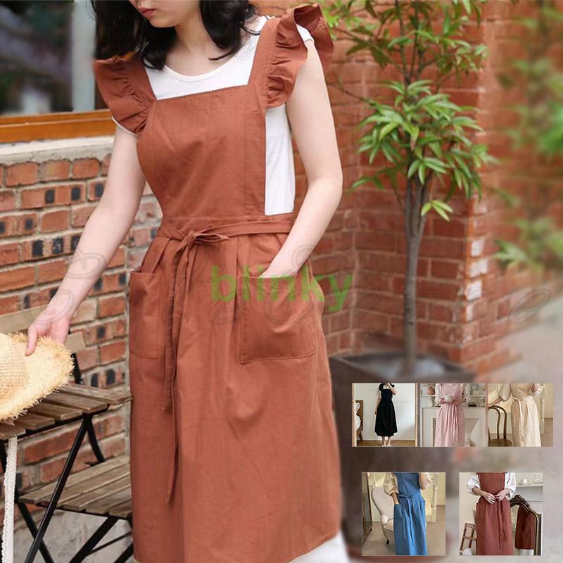 エプロン ストライプ柄 H型 フリル バイカラー レディース 可愛い おしゃれ 料理教室 キッチン カフェ ..