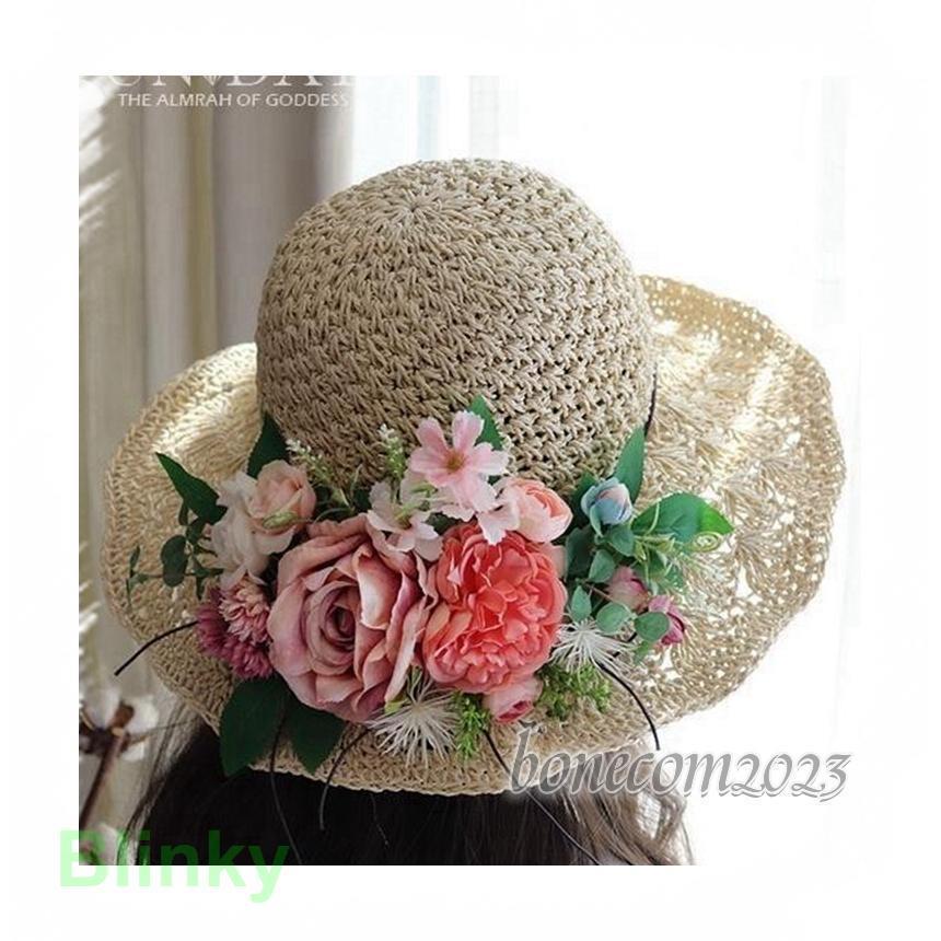 麦わら帽子 レディース 春 夏つば広ハット UVカット 麦わら 折りたたみ 自転車 森ガール 可愛い花びら ..