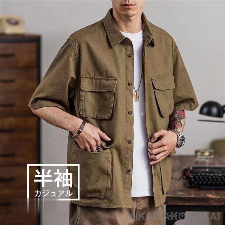 ミリタリーシャツ 半袖 カーゴシャツ メンズ シャツ 半袖 ビッグシルエット 肩落ち ルーズ クルーネッ..