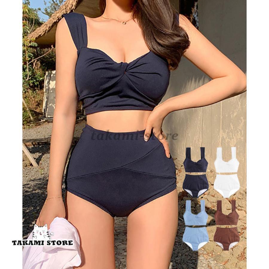 夏 ツイストタンキニ レディース水着 可愛い 体型カバー ビキニ セパレート ワンピース水着 韓国風水着 ハイウエスト シンプルデザイン