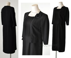 ブラックフォーマル冠婚葬祭喪服礼服7号/9号ロング丈ジャケット・ピンタック七分袖ワンピース・コサージュ3点セットアンサンブル美しい光沢上質素材ワンピーススーツ卒業式入学式30代40代50代60代70代80代282(BL1y5)