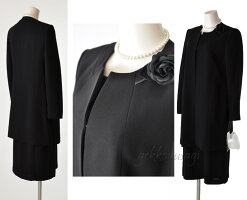 ブラックフォーマル冠婚葬祭喪服礼服7号/9号ロング丈ジャケット・ピンタック七分袖ワンピース・コサージュ3点セットアンサンブル美しい光沢上質素材ワンピーススーツ卒業式入学式30代40代50代60代70代80代282(BL1y5)