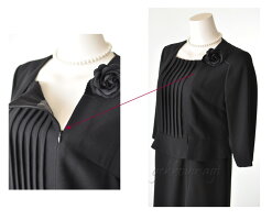 ブラックフォーマル冠婚葬祭喪服礼服7号/9号ロング丈ジャケット・ピンタック七分袖ワンピース・コサージュ3点セットアンサンブル美しい光沢上質素材ワンピーススーツ卒業式入学式30代40代50代60代70代80代282(BL1y5)