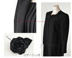 ブラックフォーマル冠婚葬祭喪服礼服7号/9号ロング丈ジャケット・ピンタック七分袖ワンピース・コサージュ3点セットアンサンブル美しい光沢上質素材ワンピーススーツ卒業式入学式30代40代50代60代70代80代282(BL1y5)