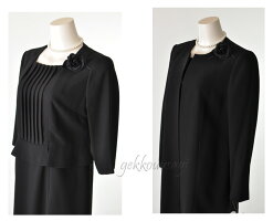 ブラックフォーマル冠婚葬祭喪服礼服7号/9号ロング丈ジャケット・ピンタック七分袖ワンピース・コサージュ3点セットアンサンブル美しい光沢上質素材ワンピーススーツ卒業式入学式30代40代50代60代70代80代282(BL1y5)