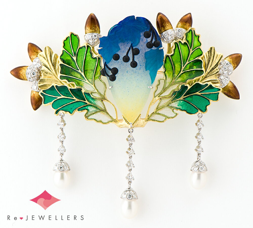 中嶋 邦夫 ニックスファクトリー パートドヴェール エマイユ パール(真珠) ダイヤモンド 計1.54ct 18金イエローゴールド ブローチ兼ペンダントトップ【...