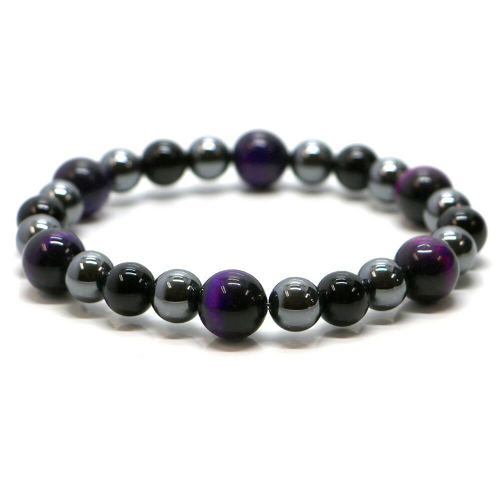 ◆玉サイズ（約） パープルタイガーアイ：10mm オニキス：8mm ヘマタイト：8mm ◆腕回りサイズは約18cmとなります。 ＊各種ビーズによっては玉サイズが0.5mmなど誤差がある場合がございます 制作上、腕回りサイズが表記サイズと1cm以上合わないなどの場合はお知らせさせていただきます パープルタイガーアイ＆オニキスのブレスレットです♪ 【お願いパワーストーン】ネガティブなエネルギーをプラスに変えてやる気を高める。富を引き寄せるともいわれています。 【配送につきまして】 ●メール便：送料250円（お買い物合計金額3,000円以上で1通分送料無料） ・ヤマト運輸ネコポスでのお届けとなります ・宅配便同様のお届け日数（翌日〜3日程度での配達）＊一部地域を除く ・ご自宅のポストへのお届けとなります（ご登録のお名前がポストへ記載があることをご確認お願い致します） ・大きさ（上限A4サイズ）：縦31.2cm、横22.8cm、厚さ2.5cm、重さ1kg以内 ※後払い（商品到着後コンビニなどでのお支払い）はご利用頂けます ※代引き決済はできません ※配送日時指定不可 ※発送後の住所変更はできませんので予めご注意ください ※商品紛失などの補償は基本的にございません ●宅配便：送料は配達地域によって異なります（お買い物合計金額3,980円以上で送料無料） ・佐川急便でのお届けとなります ・ドライバーによる手渡しでのお届け ・代引き決済はドライバーへ代金のお支払が可能となります （代引き手数料330円） ・配送日時指定可能 ※初回お届けより1週間以上お受け取りになられない場合は持ち戻りとなり返送となります 返送による送料は運送会社の定価送料を実費ご負担いただくことになりますので 予めご注意くださいますようお願い申し上げます ※当店の判断で日本郵便（レターパック）で発送させていただく場合もございます 予めご了承のほどお願い申し上げます　