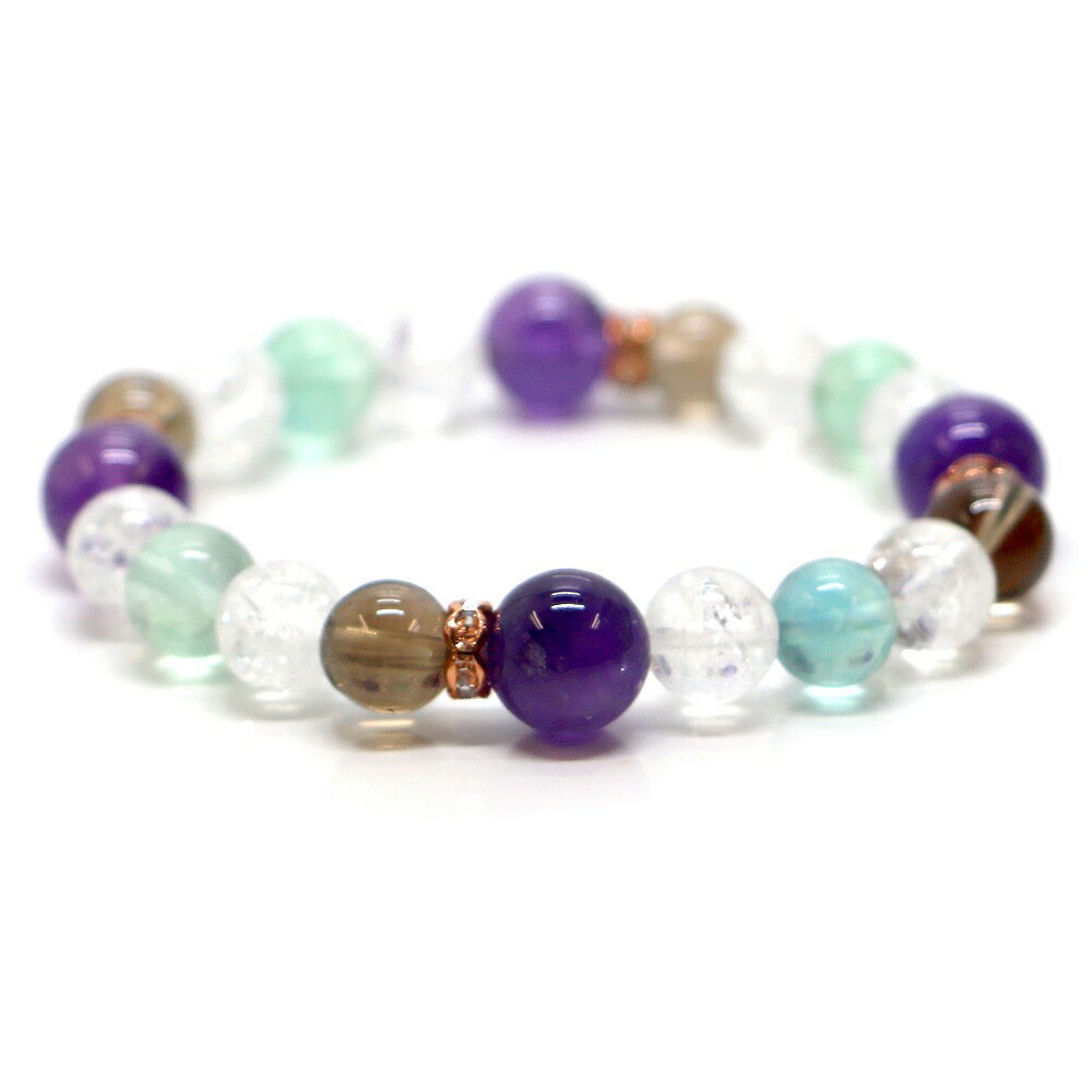 ◆玉サイズ（約） アメジスト：10mm スモーキークォーツ:8mm クラッシュクリスタル:8mm ブルーフローライト:8mm ロンデル(ピンクゴールド):6mm ※ボタンカットのデザインは予告なく 変更となる場合がございます。 予めご了承く...