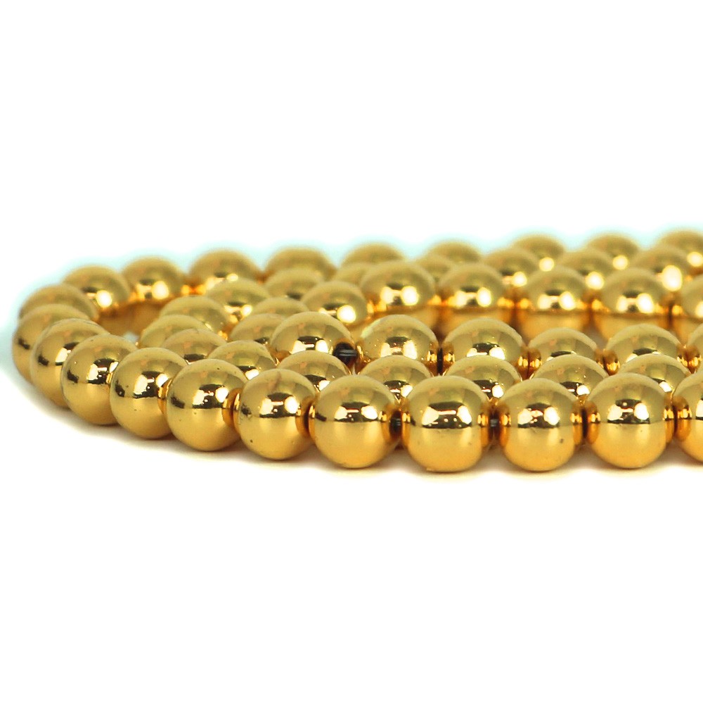 【ビーズサイズ】8mm 【形】丸玉 【連の長さ】約38〜40cm ※ビーズサイズは0.5mm前後の誤差がある場合がございます 【商品説明】 ヘマタイトは鉄の酸化鉱物でガンメタリック調の色合いとなります こちらは表面にゴールドのメッキをかけたものとなります 和名では赤鉄鉱（せきてっこう）といわれております ヘマタイトの語源は、ギリシャ語の「heima(血)」が由来で、血の石といわれております 天然ヘマタイトの主な産出国はアメリカ、ブラジルなどになります しかし流通しておりますヘマタイトで天然産出鉱物のものは稀で、本品も人工石のヘマタイトとなります ヘマタイトはアクセサリービーズとして大変コストパフォーマンスもよく 金属メッキとも相性がよく、シルバー、ゴールドなどカラーバリエーション広げてきました いろいろな形にも加工されモチーフも様々なものがあります また磁気を帯びたマグネットタイプもありマグネットブレスレットなども多く流通しております お好みの天然石を使ってあなただけのオリジナルアクセサリーを作ってみませんか？ ＊こちらの商品はビーズが連なった1連（1本）の商品となります 【パワーストーン】 ヘマタイトは鉄が酸化した鉱物で粉末にすると赤くなることから「血」とつながりが強く生命力が宿るパワーストーンとされています 古代ローマでは兵士が護符として身に着けて戦場に赴いたといわれています ヘマタイトは危険から身を守ってくれる「身代わり石」と呼ばれ、災いからのお守りとしてよいといわれています また「勝利へ導く石」といわれ積極的に行動することで目標達成へと導いてくれるといわれています 【配送につきまして】 ●メール便：送料250円（お買い物合計金額3,000円以上で1通分送料無料） ・ヤマト運輸ネコポスでのお届けとなります ・宅配便同様のお届け日数（翌日?3日程度での配達）＊一部地域を除く ・ご自宅のポストへのお届けとなります（ご登録のお名前がポストへ記載があることをご確認お願い致します） ・大きさ（上限A4サイズ）：縦31.2cm、横22.8cm、厚さ2.5cm、重さ1kg以内 ※後払い（商品到着後コンビニなどでのお支払い）はご利用頂けます ※代引き決済はできません ※配送日時指定不可 ※発送後の住所変更はできませんので予めご注意ください ※商品紛失などの補償は基本的にございません ●宅配便：送料は配達地域によって異なります（お買い物合計金額3,980円以上で送料無料） ・佐川急便でのお届けとなります ・ドライバーによる手渡しでのお届け ・代引き決済はドライバーへ代金のお支払が可能となります （代引き手数料330円） ・配送日時指定可能 ※初回お届けより1週間以上お受け取りになられない場合は持ち戻りとなり返送となります 返送による送料は運送会社の定価送料を実費ご負担いただくことになりますので 予めご注意くださいますようお願い申し上げます ※当店の判断で日本郵便（レターパック）で発送させていただく場合もございます 予めご了承のほどお願い申し上げます