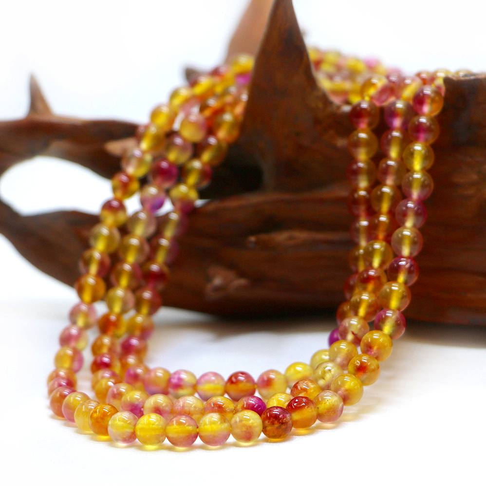 ○1連販売○カラージェード(イエロー×ピンクMIX・染め)【丸玉】6mm【天然石 ビーズ パワーストーン】