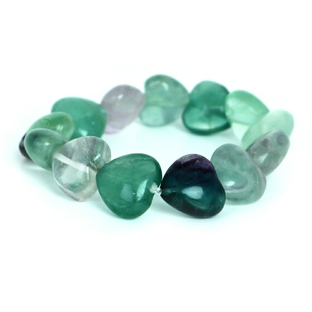 【ビーズサイズ】16mm（厚み9mm） 【腕回りサイズ】ご自身の腕回りサイズを計測いただき、ブレスレットサイズ（内径）からお選びください ＊ブレスレットサイズ（内径）は腕回りサイズ+1cmがおすすめのサイズとなります 【形】ハート ＊ビーズサイズは0.5mm前後の誤差がある場合がございます 【商品説明】 フローライトの単連ブレスレットになります フローライトはカラーバリエーションも多くブルー、グリーン、パープル、などカラフルなグラデーションの色彩を持つ天然石となります 炎の中に破片を投じるとぱちぱちと音を立てて蛍光を発して飛び交うことから 和名では「蛍石（ほたるいし）」といわれております フローライトの語源はラテン語で「fluo・水の流れ」を意味する言葉に由来しています 主な産地は中国、オーストラリア、メキシコ、カナダなどになります フローライトは石自体の硬度は低く、紫外線などに弱いので取り扱いはご注意ください 優しい色合いでアクセサリーなどには人気の高い天然石となります ※商品ページ画像最後の2枚は当店取り扱いのビーズとなります ご注文後当店作成担当スタッフがビーズよりブレスレットを作成させていただきます （不良品以外の返品交換はお受けできませんので予めご了承の程お願いいたします） 【パワーストーンとして】 フローライトは心身の安定をはかり 「天才の石」「知性の石」といわれ思考力を高めるといわれています また「発想力・思考力」を高めてくれることからビジネス運のお守りとしてもおすすめです 【配送につきまして】 ●メール便：送料250円（お買い物合計金額3,000円以上で1通分送料無料） ・ヤマト運輸ネコポスでのお届けとなります ・宅配便同様のお届け日数（翌日〜3日程度での配達）＊一部地域を除く ・ご自宅のポストへのお届けとなります（ご登録のお名前がポストへ記載があることをご確認お願い致します） ・大きさ（上限A4サイズ）：縦31.2cm、横22.8cm、厚さ2.5cm、重さ1kg以内 ※後払い（商品到着後コンビニなどでのお支払い）はご利用頂けます ※代引き決済はできません ※配送日時指定不可 ※発送後の住所変更はできませんので予めご注意ください ※商品紛失などの補償は基本的にございません ●宅配便：送料は配達地域によって異なります（お買い物合計金額3,980円以上で送料無料） ・佐川急便でのお届けとなります ・ドライバーによる手渡しでのお届け ・代引き決済はドライバーへ代金のお支払が可能となります （代引き手数料330円） ・配送日時指定可能 ※初回お届けより1週間以上お受け取りになられない場合は持ち戻りとなり返送となります 返送による送料は運送会社の定価送料を実費ご負担いただくことになりますので 予めご注意くださいますようお願い申し上げます ※当店の判断で日本郵便（レターパック）で発送させていただく場合もございます 予めご了承のほどお願い申し上げます　