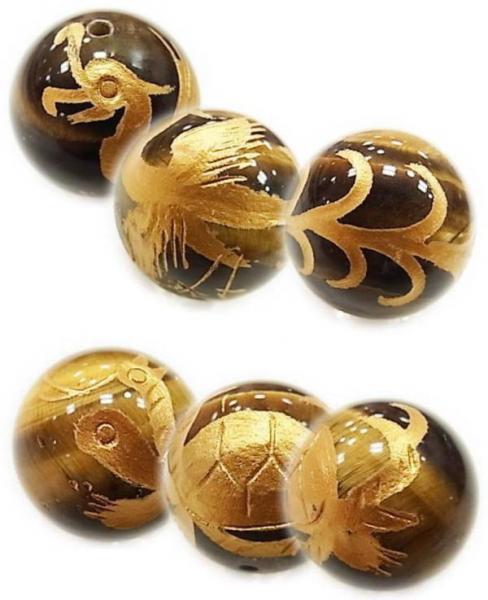 金塗り四神タイガーアイ12mm【風水・青龍・白虎・朱雀・玄武・天然石・パワーストーン】