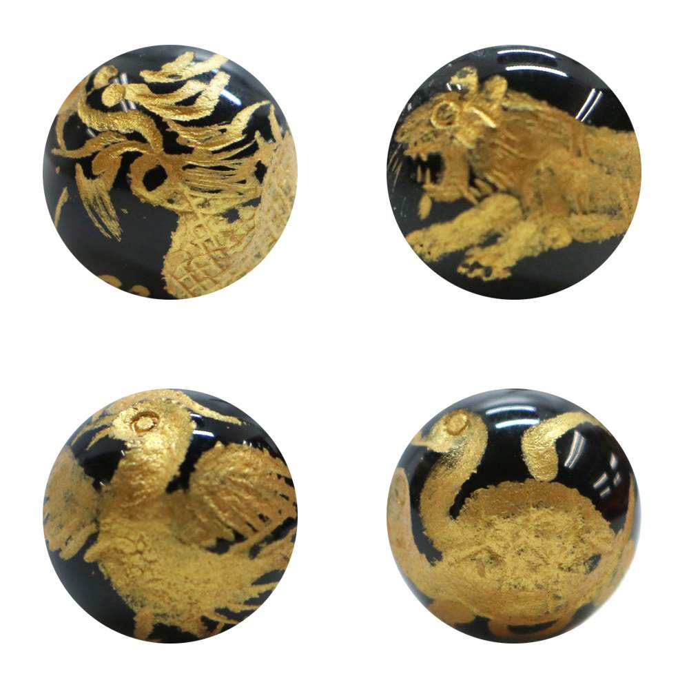 手彫り 金塗り 四神オニキス 16mm【風水・青龍・白虎・朱雀・玄武・天然石・パワーストーン】