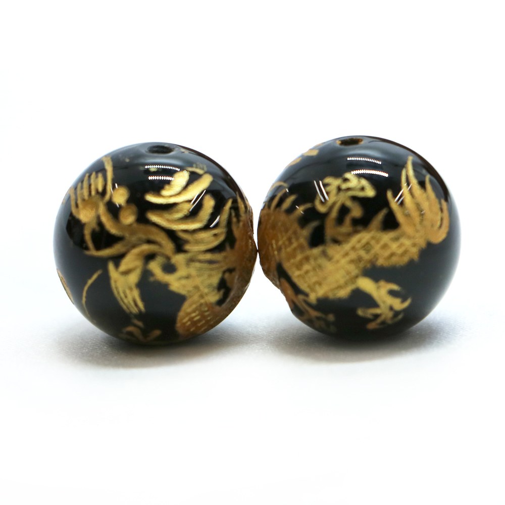 手彫り 金塗り 四神オニキス 16mm【風水・青龍・白虎・朱雀・玄武・天然石・パワーストーン】