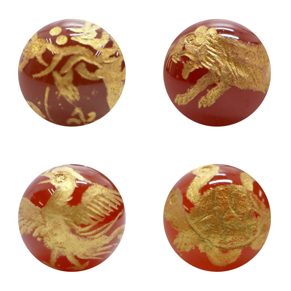 手彫り 金塗り 四神レッドアゲート 8mm【風水・青龍・白虎・朱雀・玄武・天然石・パワーストーン】