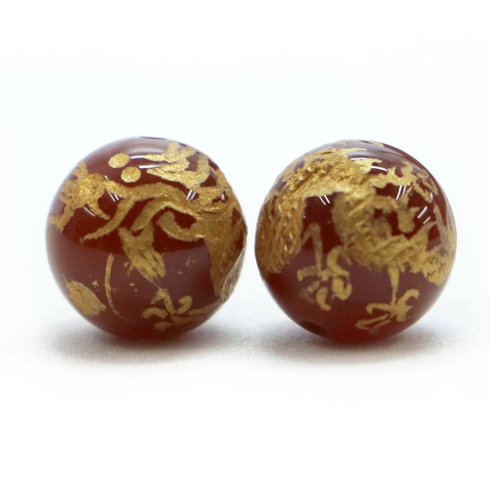 手彫り 金塗り 四神レッドアゲート 14mm【風水・青龍・白虎・朱雀・玄武・天然石・パワーストーン】