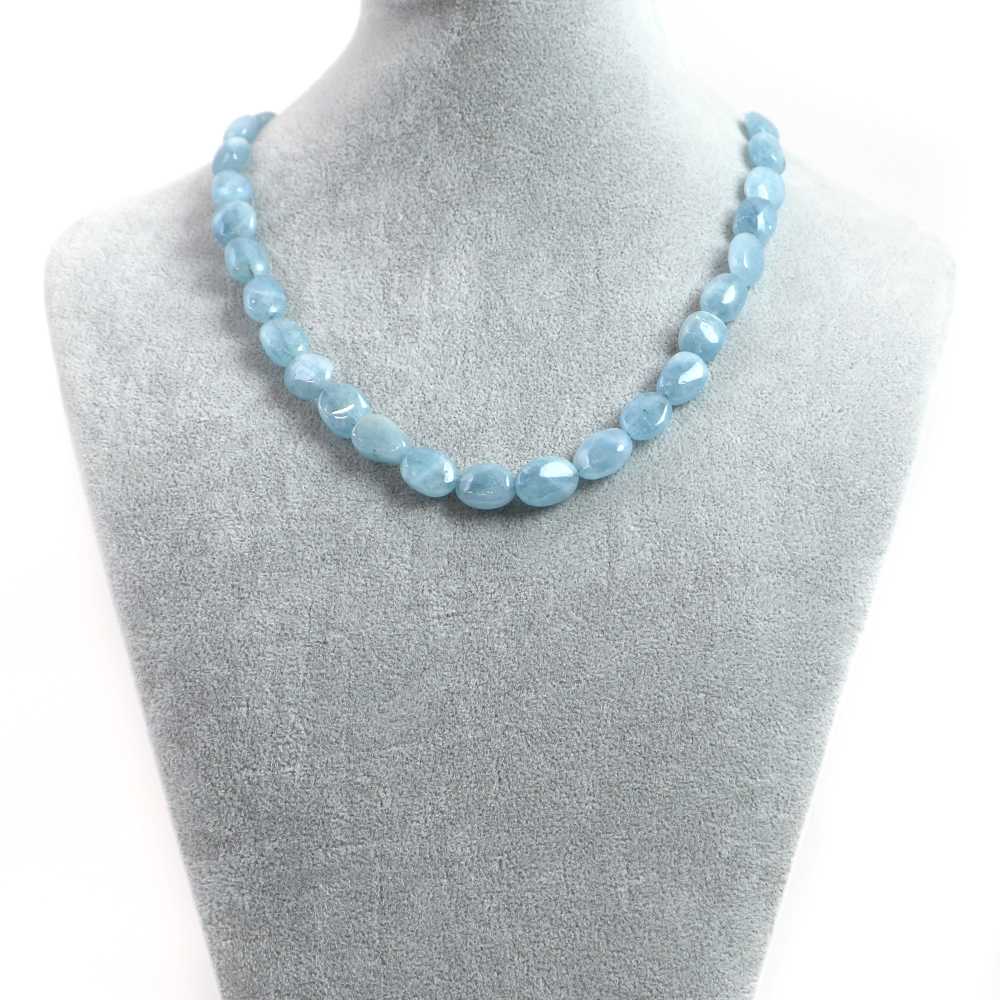 シンプルストーンネックレスアクアマリン【タンブル】10×13〜15mm※バラつきあり【天然石ビーズパワース..