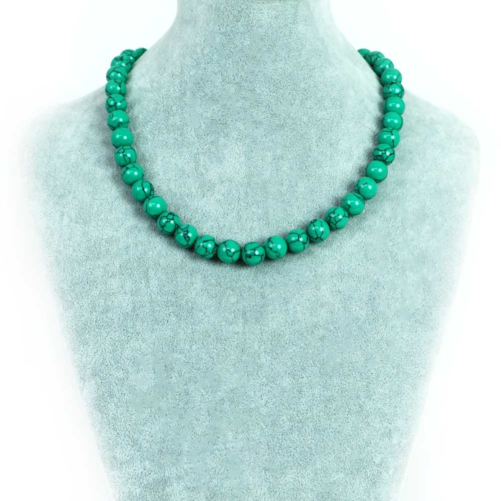 シンプルストーンネックレスフェイクターコイズ(人工石 グリーン)【丸玉】10mm【天然石ビーズパワース..