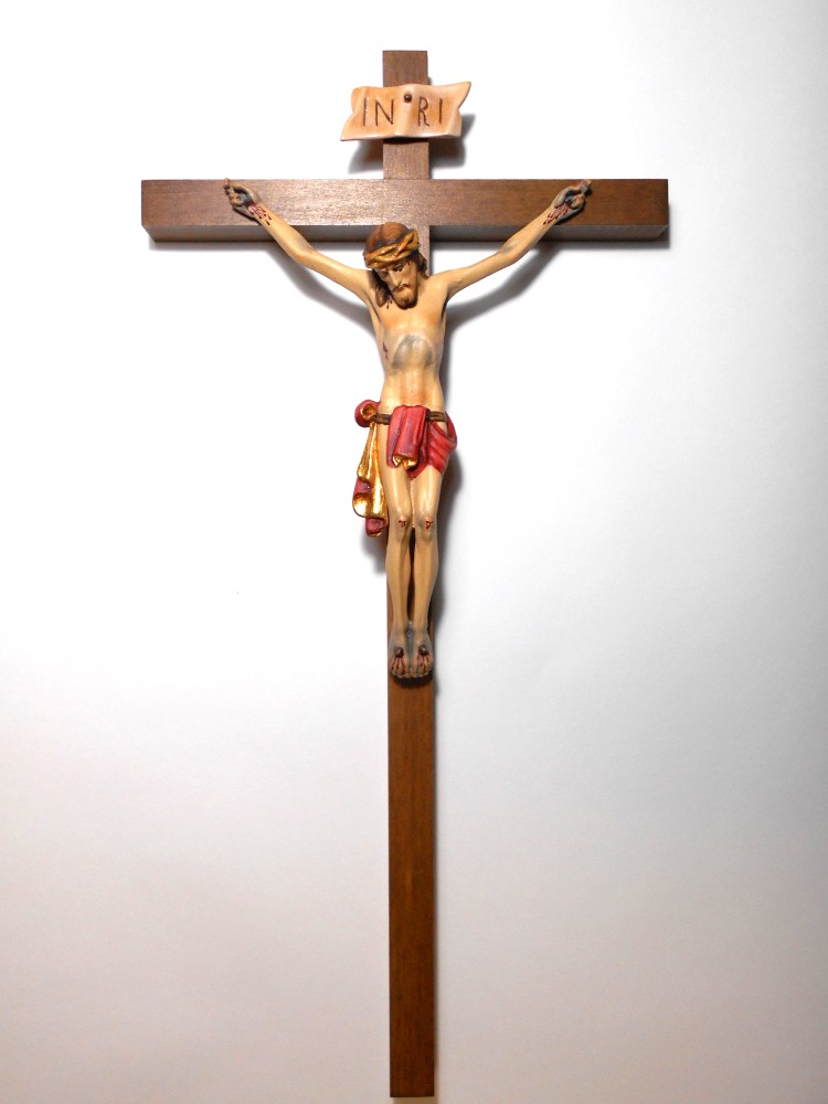 《レーピ》欧州教会使用創業100年木彫りブランド磔刑像・十字架（クルチフィクス）「チロリアン」タイプ Cカラー（手彩色）腰布：赤キリスト像高さ：15cm十字架高さ：32cm 【イタリア】
