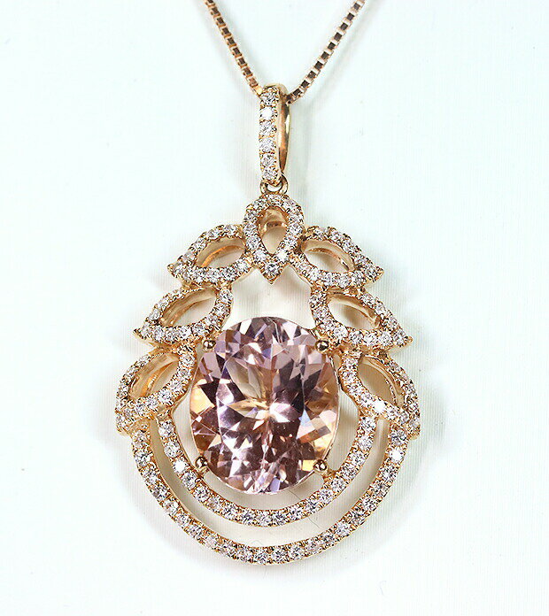 圧巻☆4.32カラット！希少宝石モルガナイト！憧れピンクのベリル！羽ばたく、つややか高貴な美！32.5ミリのビッグスウィング！K18PGモルガナイト4.32ct（D 0.53ct）ネックレス！【日独・鑑別書付】