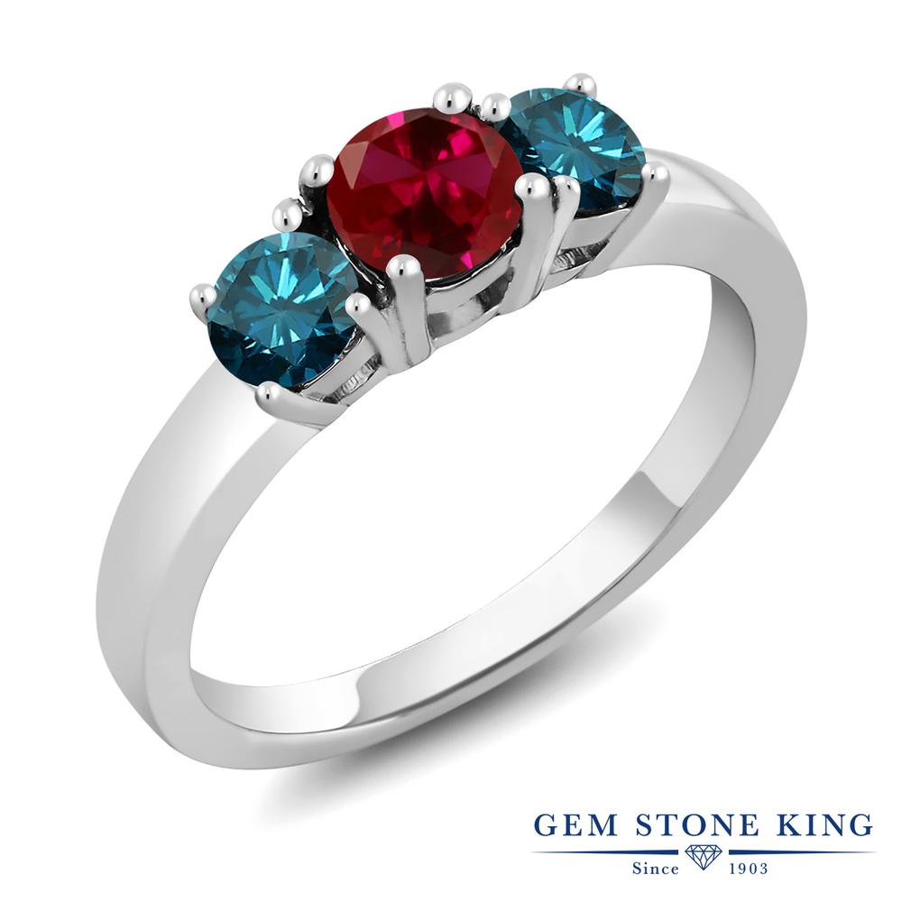 Gem Stone King 1.54カラット 合成ルビー 天然 ブルーダイヤモンド シルバー925 指輪 リング レディース 大粒 シンプル スリーストーン 金属アレルギー対応 誕生日プレゼント